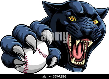 Wilder schwarzer Panther Baseball Maskottchen Roaring mit Krallen - Vektor Hand gezeichnete Illustration isoliert auf transparentem Hintergrund Stock Vektor