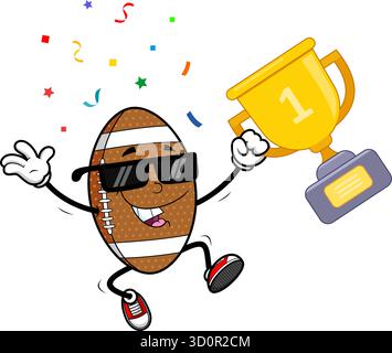 American Football Maskottchen Hält Trophäe Mit Konfetti-Vektor Hand Gezeichnete Illustration Isoliert Auf Transparentem Hintergrund Stock Vektor