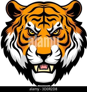Wilder Tiger Kopf Maskottchen Im Cartoon-Stil - Vektor Hand Gezeichnete Illustration Isoliert Auf Transparentem Hintergrund Stock Vektor