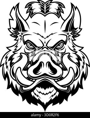 Schwarz-Weißes Wildschwein Maskottchen Mit Wütendem Ausdruck Und Großen Stoßzähnen - Vektor Hand Gezeichnete Illustration Isoliert Auf Transparentem Hintergrund Stock Vektor