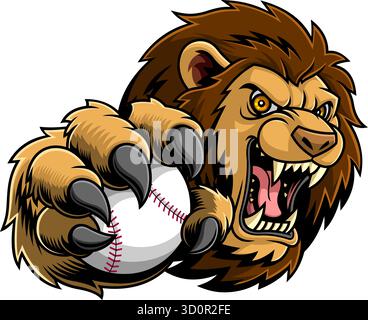 Angry Lion Hält Baseball Ball Maskottchen - Vektor Hand Gezeichnete Illustration Isoliert Auf Transparentem Hintergrund Stock Vektor