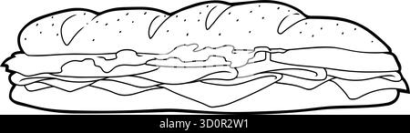 Umrissenes köstliches Schinken-Sandwich mit Käse, Salat und Tomate. Handgezeichnete Vektor-Illustration Isoliert Auf Transparentem Hintergrund Stock Vektor
