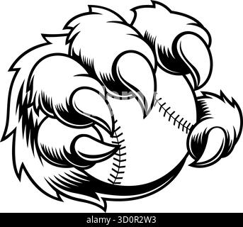 Bear Paw Holding Baseball – Vektor Hand Gezeichnete Illustration Isoliert Auf Transparentem Hintergrund Stock Vektor