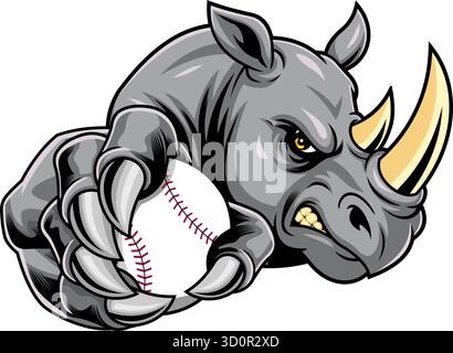 Angry Rhino Holding Baseball Ball Maskottchen - Vektor Hand Gezeichnete Illustration Isoliert Auf Transparentem Hintergrund Stock Vektor