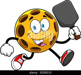 Pickleball Mascot Läuft Mit Paddel - Vektor Hand Gezeichnete Illustration Isoliert Auf Transparentem Hintergrund Stock Vektor