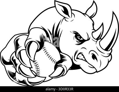 Rhino Baseball Maskottchen Schwarz Und Weiß Linie Kunst - Vektor Hand Gezeichnete Illustration Isoliert Auf Transparentem Hintergrund Stock Vektor
