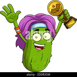 Pickle Girl Cartoon Charakter Mit Lila Haar Pickleball Trophäe Halten Und Sieg Feiern - Vektor Hand Gezeichnete Illustration Stock Vektor