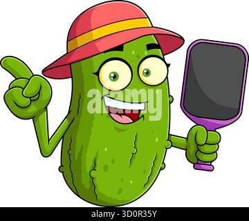Lächelndes Mädchen Pickleball Cartoon Charakter trägt Hut und hält Paddel - Vektor Hand gezeichnete Illustration isoliert auf transparentem Hintergrund Stock Vektor
