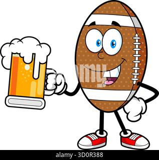 Lächelndes Amerikanisches Fußball-Maskottchen Hält Bier Glas-Vektor Hand Gezeichnete Illustration Isoliert Auf Transparentem Hintergrund Stock Vektor