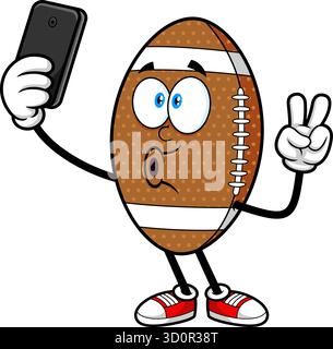 Lustiges American Football Maskottchen, Das Selfie Nimmt - Vektor Hand Gezeichnete Illustration Isoliert Auf Transparentem Hintergrund Stock Vektor