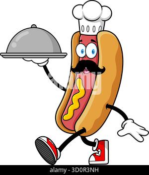 Hot Dog Chef Cartoon Maskottchen Charakter gehen mit Servierplatte - Vektor Hand gezeichnete Illustration isoliert auf transparentem Hintergrund Stock Vektor