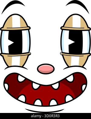 Verrücktes Retro-Cartoon-Gesicht Mit Wilden Augen Und Einem Großen Zahn-Lächeln. Handgezeichnete Vektor-Illustration Isoliert Auf Transparentem Hintergrund Stock Vektor