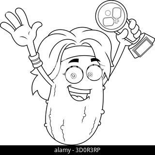 Lustige Pickleball Mädchen Maskottchen Charakter hält goldene Trophäe und winkt - Cartoon Charakter - Vektor Hand gezeichnete Illustration Stock Vektor