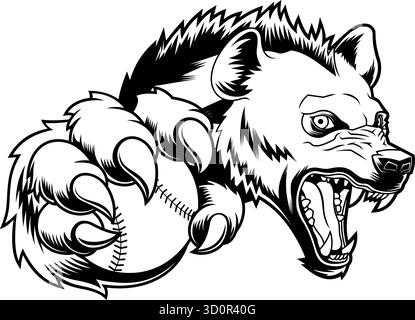 Angry Hyena Hält Baseball Ball Schwarz Und Weiß Maskottchen - Vektor Hand Gezeichnete Illustration Isoliert Auf Transparentem Hintergrund Stock Vektor
