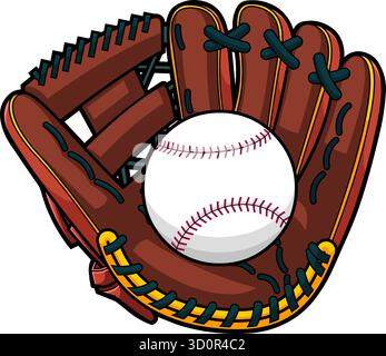 Baseballhandschuh Catching Ball Close Up - Vektor Hand Gezeichnete Illustration Isoliert Auf Transparentem Hintergrund Stock Vektor