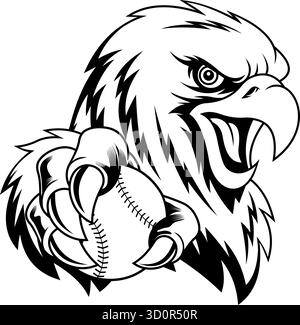 Eagle Mascot hält Baseball in den Klauen Schwarz und weiß - Vektor Hand gezeichnete Illustration isoliert auf transparentem Hintergrund Stock Vektor