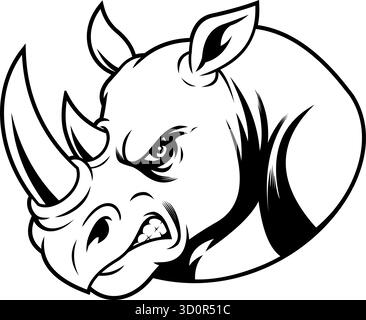 Angry Rhino Head Black and White Line Art mit scharfen Hörnern und wildem Ausdruck - Vektor Hand gezeichnete Illustration isoliert auf transparentem Hintergrund Stock Vektor