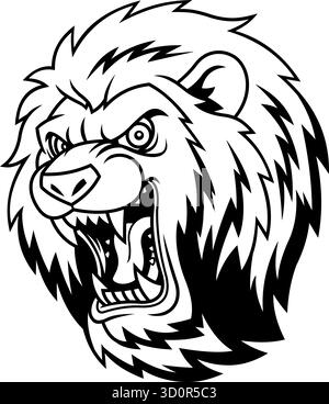 Roaring Angry Lion Head in Schwarz und weiß - Vektor Hand gezeichnete Illustration isoliert auf transparentem Hintergrund Stock Vektor