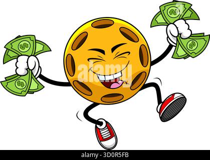 Glücklicher Pickleball Charakter, Der Geld Hält - Vektor Hand Gezeichnete Illustration Isoliert Auf Transparentem Hintergrund Stock Vektor