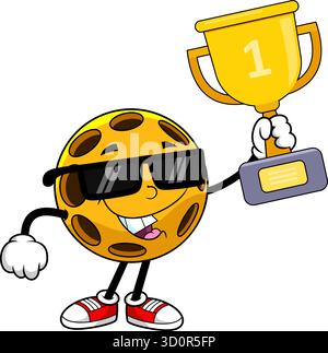 Pickleball Charakter Hält Champion Trophäe Und Trägt Sonnenbrille Stock Vektor