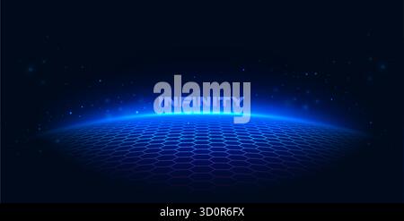 Sechseckiger Spielehintergrund. Glänzend blauer futuristischer Hintergrund mit sechseckigem 3D-Boden. Futuristische digitale Landschaft mit leuchtendem Gitterhorizont. Cyber Stock Vektor