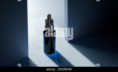 Schlanke dunkle Glasflasche mit Tropfer steht zwischen zwei Wänden und sorgt für sanfte Schatten. Sanftes Licht hebt die eleganten Merkmale der Flaschen hervor und schafft so einen Stockfoto