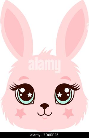 Niedliche rosa Häschen Gesicht Illustration mit großen Augen. Stock Vektor