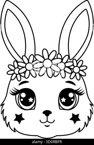 Süßes Häschen mit Blumenkranz und großen Augen Stock Vektor