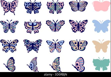Colotful Butterflies Kollektion im Doodle-Stil auf weißem Hintergrund. Stock Vektor