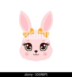 Niedliche rosa Häschen Gesicht Illustration mit hellgelben Bögen, großen Augen und sternenroten Wangen Stock Vektor