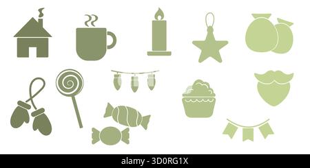 Set minimalistischer Weihnachtssymbole in Grüntönen Stock Vektor