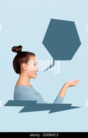 Vorlage Collage Design Trend Artwork 3D Skizze der jungen Frau Lächeln Hand halten Nachricht Kommunikation Blase Gespräch Feedback Stockfoto