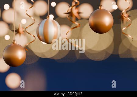 Goldene Weihnachtskugeln und glänzende Bänder hängen mit leuchtenden Lichtern und schaffen eine festliche Atmosphäre. 3D-Rendering Stockfoto