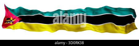 Stilisierte Flagge von Mosambik winkt im Wind, isoliert auf weißem Hintergrund. Fußzeile, Kopfzeile oder Trennzeichen. Breiten Panoramaausschnitt. Banner für p Stockfoto
