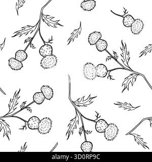 Nahtloses Schwarz-weiß-Tintenmuster, das Klettenzweige mit Blättern und Klettenbällen zeigt, die sich auf der Oberfläche wiederholen. Perfekt für botanisches Material Stock Vektor