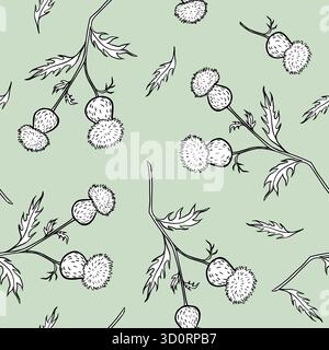 Nahtloses Schwarz-weiß-Tintenmuster auf Olivgrün mit Klettenzweigen, Blättern und Klettenbällen, die sich über die Oberfläche wiederholen. Perfekt für botanische Fabr Stock Vektor