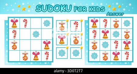 Sudoku Kreuzworträtsel Kinder Bildung Puzzle Spiel, finden fehlende Weihnachtsbaumkugel Spielzeug, Dekoration Jingle Glocke. Vektor des Arbeitsblatts für logisches Lernen von Kindern Stock Vektor