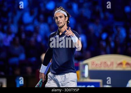 Wien, Wien, Österreich. Oktober 2025. Lorenzo Musetti von Italien reagiert auf Gericht während seines Spiels gegen Corentin Moutet von Frankreich 10.2025, Wien (Wiener Stadthalle), Österreich (Credit Image: © Mathias Schulz/ZUMA Press Wire) NUR REDAKTIONELLE VERWENDUNG! Nicht für kommerzielle ZWECKE! Stockfoto