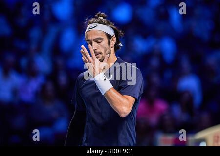 Wien, Wien, Österreich. Oktober 2025. Lorenzo Musetti von Italien reagiert auf Gericht während seines Spiels gegen Corentin Moutet von Frankreich 10.2025, Wien (Wiener Stadthalle), Österreich (Credit Image: © Mathias Schulz/ZUMA Press Wire) NUR REDAKTIONELLE VERWENDUNG! Nicht für kommerzielle ZWECKE! Stockfoto