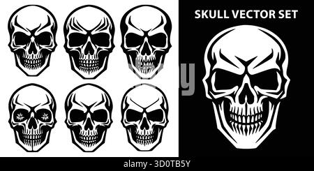 Skull Vector Set – Bold Tattoo-Style Icons für Halloween Grafiken, Gothic Branding und edgy Design Projekte, Skull Silhouette Vector Set. Stock Vektor