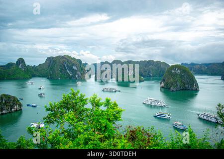 Panoramablick auf die Halong-Bucht in Nordvietnam mit Kalksteinkarstinseln, die über das türkisfarbene Meer in der zum UNESCO-Weltkulturerbe gehörenden Gegend verstreut sind. Stockfoto