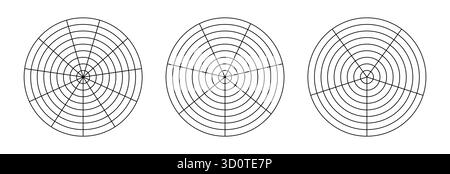 Polares Raster mit Segmenten, konzentrische Kreise. Lebensrad. Einfaches Coaching-Tool zur Visualisierung aller Lebensbereiche. Kreisdiagramm des Lebensstils Stock Vektor