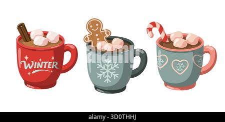 Cartoon-Set mit Winterbecher mit heißer Schokolade, Marshmallows, Zimt und Lebkuchen. Handgezeichneter Vektor, isolierte Illustration. Stock Vektor