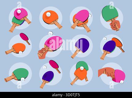 Abbildungen von Tennisschlägern mit Ball aus verschiedenen Blickwinkeln im Doodle-Stil. Set mit Stickern zum Thema Tennis, Pin Pong, Tennis Turnier Stockfoto