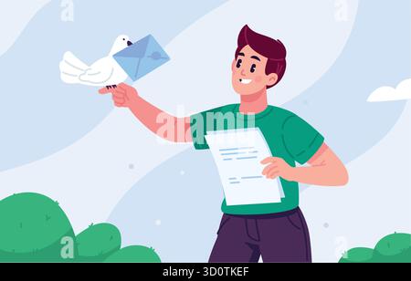 Ein junger Mann hält einen Brief in der Hand und beobachtet eine Taube, die einen Umschlag trägt. Die Illustration eignet sich perfekt für Kommunikationsthemen, Botschaften Stock Vektor
