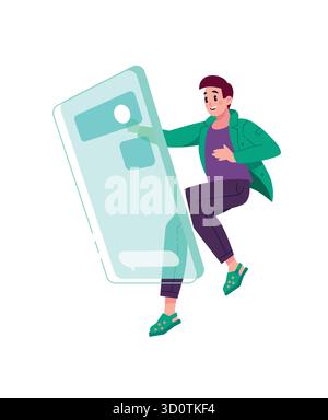Illustration eines jungen Mannes vor einem großen Smartphone-Bildschirm in der Schwerelosigkeit. Die Anwendungsoberfläche. Melden Sie sich bei Ihrem persönlichen Konto an. Bild f Stock Vektor
