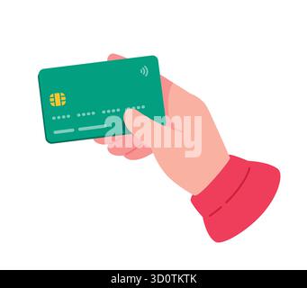 Abbildung: Hand, die eine Bankkarte hält. Debit- oder Kreditkarte. Ein Symbol für bargeldlose Zahlungen und Bankdienstleistungen. Der Begriff der bargeldlosen Zahlung Stock Vektor