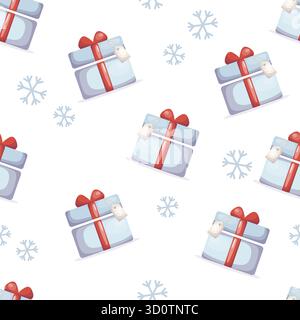 Nahtloses Weihnachtsmuster mit Geschenkboxen und Schneeflocken Stock Vektor