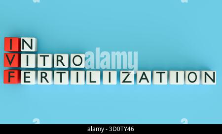 Eine 3D-Illustration von Buchstabenblöcken mit der Aufschrift „IN-VITRO-FERTILISATION“ und „IVF“ Stockfoto