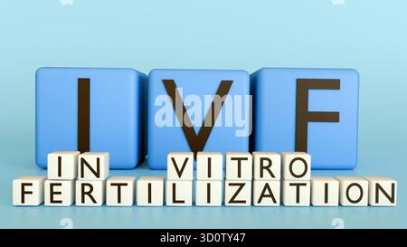 Eine 3D-Illustration von Buchstabenblöcken mit der Aufschrift „IN-VITRO-FERTILISATION“ und „IVF“ Stockfoto